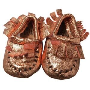 Cage & Lantern Baby Girl Moccasin Fringe Walker Shoe Leather Metallic Rose Gold